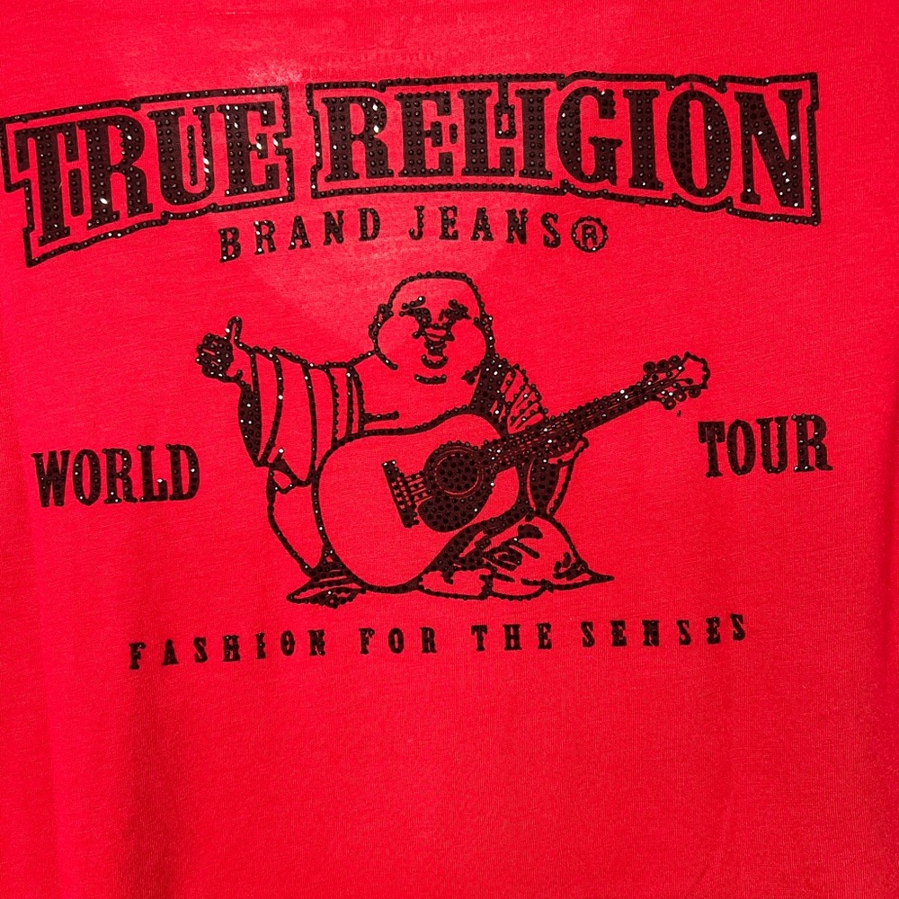 True Religion Happy Buddha embellished red shirt. - Picture 7 of 8